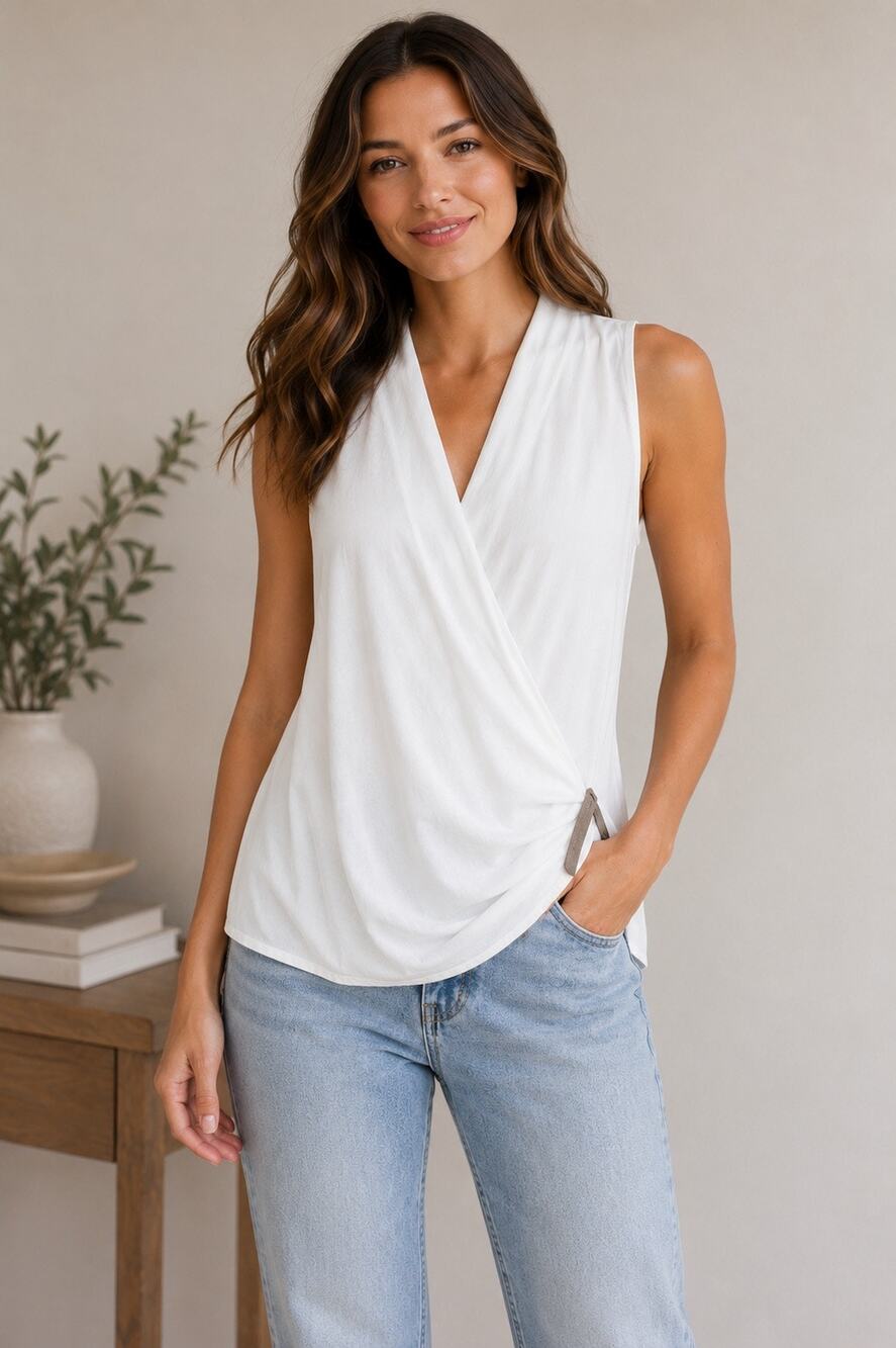 Fabiana Filippi White Faux Wrap Sleeveless XS Italian 34 Cotton Lycra Designer